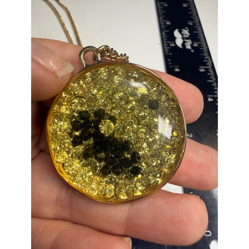 Gold Tone Rhinestone Dome Pendant Necklace Yellow Black Sparkle Statement